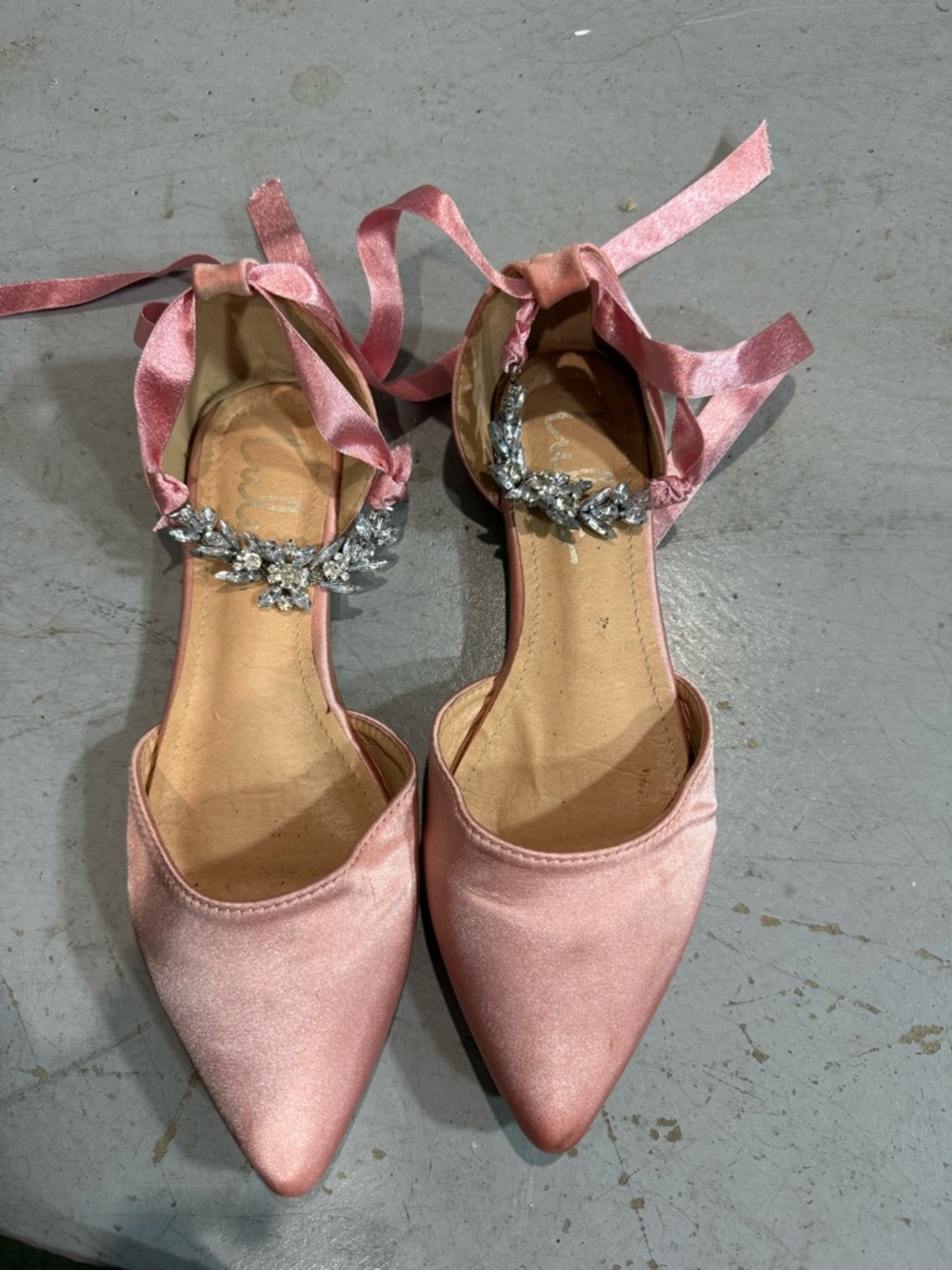 Women's Pink Satin Pointed-Toe Ankle Tie Flats with Crystal Detail